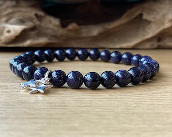 Blue Goldstone Bracelet | Star, Night Sky, Astronomy Charm Jewellery | 6mm Gemstone Beads