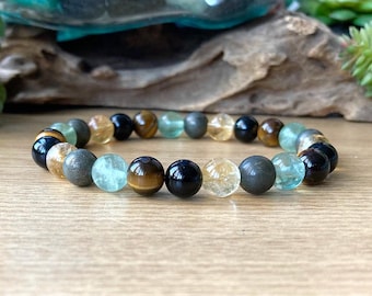Men's Power Bracelet, Crystals for Strength, Success, Love, Focus, Energy Booster Bracelet, 8mm Beaded Genuine Gemstone Stretch Bracelet