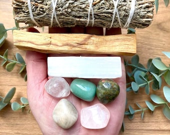 Fertility Smudge Set, 8 Piece Fertility Crystal Kit, Copal Sage, Rose Quartz, Moonstone, Unakite, Pregnancy Gift Set