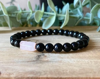 Black Tourmaline & Rose Quartz Nugget Bracelet – Grounding, Heart Healing Protection, Heart Chakra, 6mm