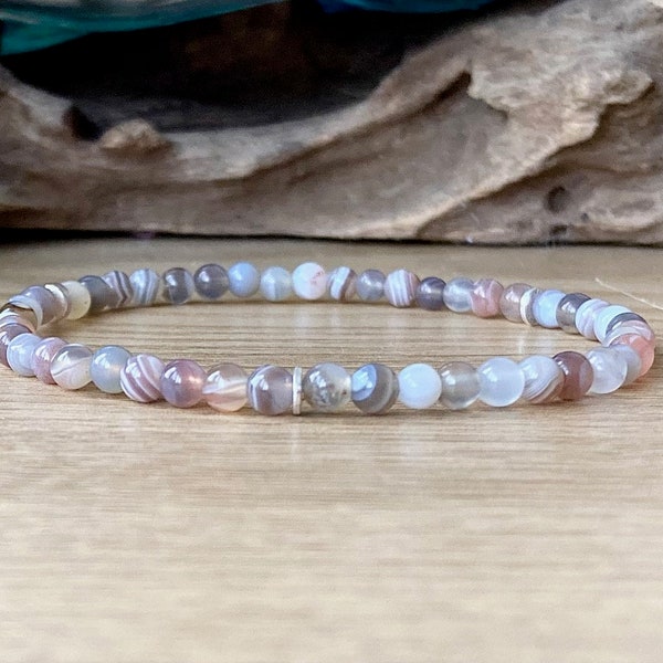 Dainty Genuine Botswana Agate Bracelet, 4mm Tiny Bead Stretch Stacking Style Bracelet, Coping with Challenges, AAA Grade Sunset Stone