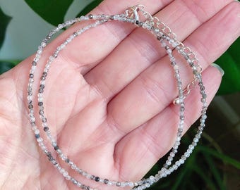 Black Tourmaline Quartz Necklace, Gemstone Tiny Bead Choker, Dainty Crystal Necklace