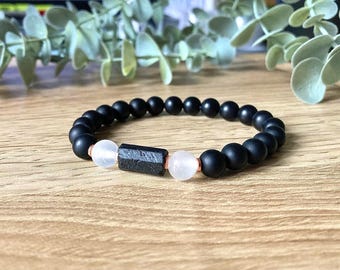 Selenite & Raw Black Tourmaline Bracelet, Cleansing, Protection, Energy Shield and Aura Clearing, 8mm beads
