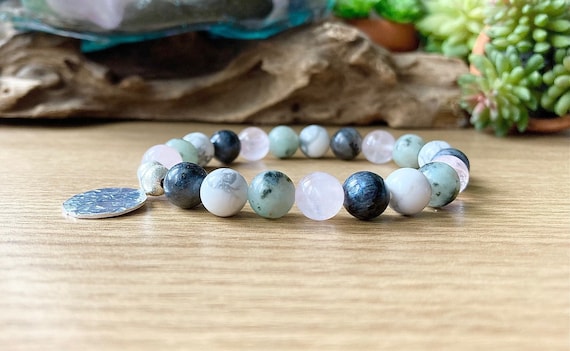 Anxiety Support Bracelet | Kiwi Jasper Rose Quartz Howlite Larvikite | Tranquillity | Peace | Relaxation | 8mm | Worry Stone