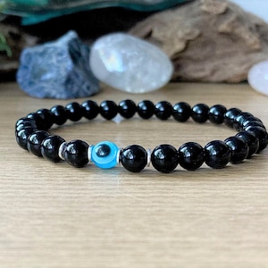 Evil Eye Protection, Black Tourmaline 6mm Beaded Bracelet, Dispel Negative Energies, Choose your Evil Eye Colour