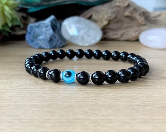 Evil Eye Bracelet with Black Tourmaline, 6mm Protection Beads, Choose your Evil Eye Colour