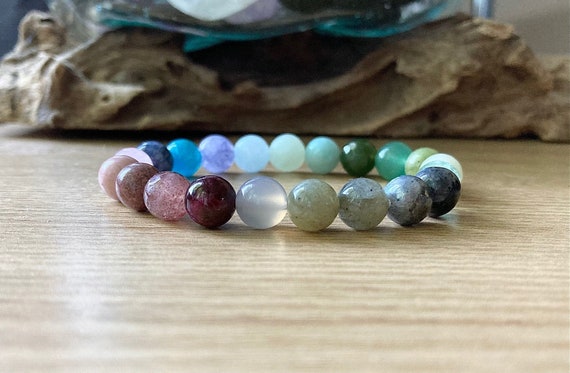 Multi-Colored Natural Semi Precious Stones Rainbow Chakra Beads Stretch Bracelet, 6.5 (Lava Stone Chakra)
