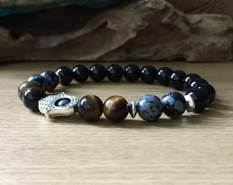 Pulsera protectora Mano de Hamsa, aleja la energía negativa, amuleto contra el mal de ojo, ónix negro, ojo de tigre, obsidiana, pulsera elástica de 8 mm