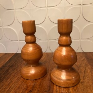 Vintage Turned Wooden Maple Candlestick Holder Pair