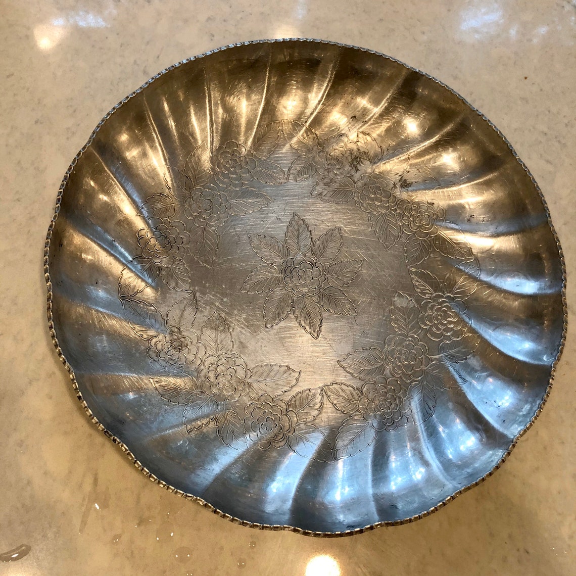 Vintage Hand Etched Aluminum Bowl Etsy