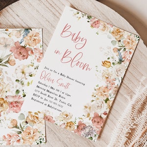 Garten Blumen Baby Dusche Telefon Evite + Printable einladen, Baby in Bloom, Boho Cottage Blumen, Dusty Rose, Pfirsich, grünen Eukalyptus,