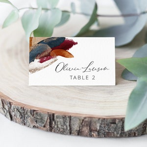Navy Burgund abstrakte Tischkarten-Vorlage, gebrannte Orange Terrakotta Gold Aquarell, druckbare Sitzkarten für Hochzeiten, modern, minimalistisch