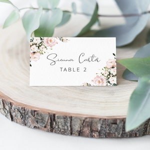 Modèle de carte de place florale, aquarelle florale rose fard à joues, cartes de siège imprimables, cartes de visite, mariage, baptême, communion, baby shower
