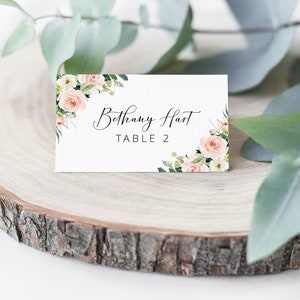 Modello per segnaposto floreale, acquerello floreale rosa cipria, segnaposto stampabili, biglietti da visita, matrimonio, battesimo, comunione, baby shower