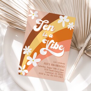 Ten Is A Vibe Birthday Invite, Groovy Retro, 10th Birthday, Hippie 70s, Rainbow, Boho, Beige Neutral, Daisies, Boho Floral Birthday, Girl