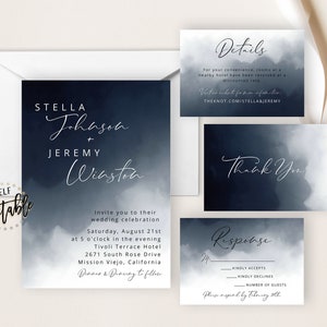 Navy Blue Watercolor Splash Wedding Set, Navy Blue Moody Collection, Minimalism, Modern Calligraphy, Minimalist, Wedding Invitation,Template