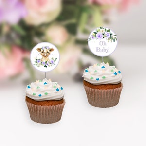 Purple Floral Highland Cow Cupcake Toppers, Baby Calf, Lavender Floral Greenery, Farm Animals, Barnyard, Watercolor, 2 Inch Rounds, Editable