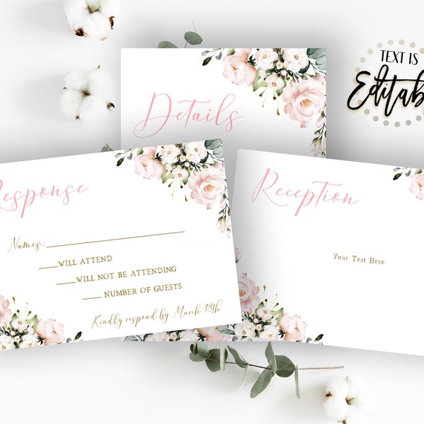 Pink Floral Communion Card Inserts, Reception Card, Response Card, Details Card, Baptism, Blush Pink Floral Watercolor, RSVP Cards