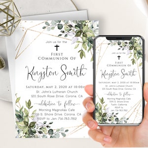 Botanical Greenery First Communion Evite, Boho Eucalyptus, Baptism, Digital Invite, Gold Frame, Cross, Text Message, Electronic Invite