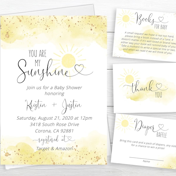 You Are My Sunshine Baby Shower Invite, Yellow Watercolor Splash, Brighter Than The Sun, Gender Neutral, Gold Glitter,