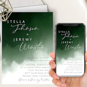 Grünes Aquarell Hochzeit Telefon Einladung, Emerald Moody Sammlung, elektronisch digital, modern, minimalistisch, waldgrün
