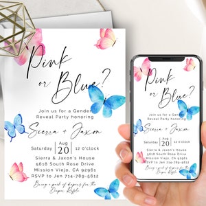 Invito telefonico per rivelare il sesso della farfalla + invito stampabile, rosa o blu, maschio o femmina, farfalle, festa di rivelazione, invito per lui o lei
