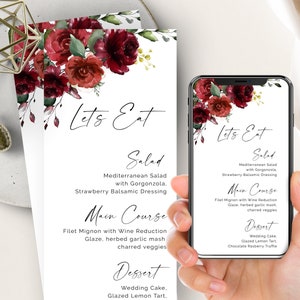 Hochzeit Menü elektronisch + druckbare Vorlage, Red Marsala Floral, Tee Länge, DIY Menü, Rote Rosen, Selbst-editierbar, Let's Eat, Taufe, Menü
