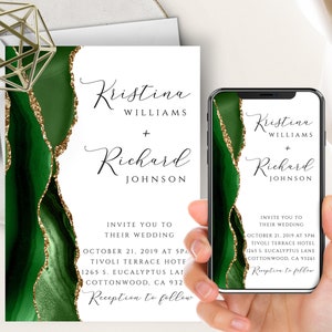 May include: Wedding invitation with a green and gold agate design. The invitation reads "Kristina Williams + Richard Johnson" and includes the wedding date, time, and location.  Reception to follow.