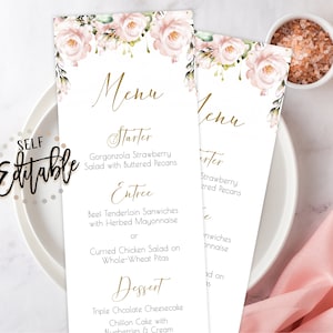 Rosa Blumen Menü Vorlage, selbst editierbar zu JEDER GELEGENHEIT, Tee Länge, DIY druckbare Menü Vorlage, Blush Pink Floral, Kommunion, Braut