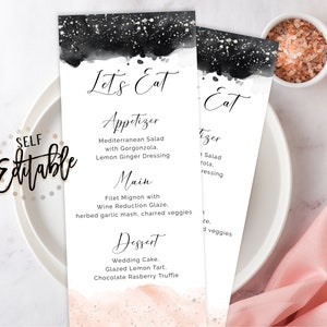Aquarell Hochzeit Menü Vorlage, Blush Pink und Schwarz Aquarell, Silber Glitter, Tee Länge, DIY bearbeitbar, druckbar, moderne Kalligraphie
