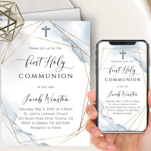 Blue Watercolor First Communion Phone Evite+Printable Invite, First Holy Communion, Dusty Blue Watercolor, Gold Frame, Cross, Electronic