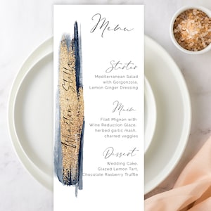 Hochzeitsmenü Vorlage, Marineblau Und Gold Aquarell Splash, Abstrakt Minimalistisch, Tee Länge, DIY Bearbeitbar, Printable, Moderne Kalligraphie