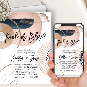 Abstract Gender Reveal Phone Evite+Printable Invite, Boy Or Girl, Pink Navy Gold Organic Shapes, Watercolor Shapes, Reveal Party, He Or She