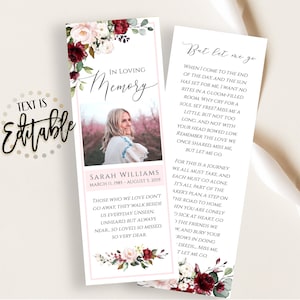Modèle de marque-page funéraire, Bourgogne Merlot rose Floral, imprimable célébration de la vie signets, cartes souvenir, carte commémorative pour le souvenir