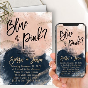 Pink And Navy Watercolor Gender Reveal Phone Evite+Printable Invite, Gold, Navy Blue, Watercolor Splash, Reveal Party, Boy Or Girl,He Or She