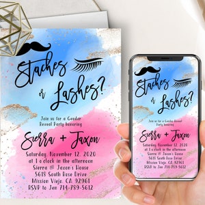 Stashes Or Lashes Gender Reveal Phone Evite+Printable Invite, Pink And Blue Watercolor Splash, Boy Or Girl, Reveal Party, He Or She, Gold