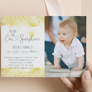 Sunshine First Birthday Invite, Our Little Sunshine Is Turning One, Yellow Watercolor Splash, Boy Or Girl, Gold Glitter, Sun, Insert Photo