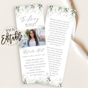 Modèle de marque-page funéraire, plantes succulentes, eucalyptus, marque-pages imprimables célébration de la vie, cartes souvenir, carte commémorative du souvenir
