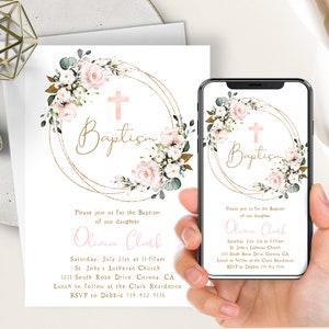 Blush Pink Floral Baptism Phone Evite+Printable Invite, Girl Christening Invite, Digital, Gold Frame, First Communion, Cross, Text Message