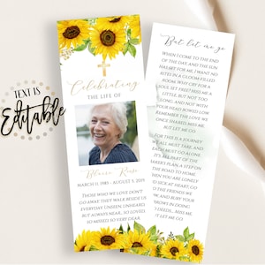 Modelo de marcador de página de funeral com girassol, floral amarelo, marcadores de página imprimíveis para celebrar a vida, cartões de lembrança, cartão comemorativo para recordação