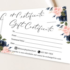 DIY Geschenkgutschein Vorlage, dunkelblau rosa Blumen Aquarell, Gutschein zum ausdrucken, Business Marketing, Business Marketing, Salon