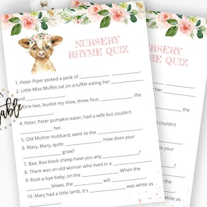 Quiz de rima infantil sobre vacas das Terras Altas, jogo de chá de bebê, floral rosa, bezerro, menina, curral, animais de fazenda, modelo de cartão de jogo, download instantâneo