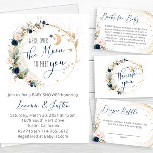 Pink And Navy Floral Over The Moon Baby Shower Invite, Boy Or Girl Invite, Gold Greenery Eucalyptus Watercolor, Blush, Twinkle Little Star