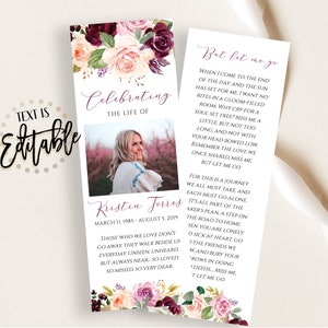 Modèle de signet funéraire, Bourgogne Blush rose Floral, imprimable célébration de la vie signets, cartes souvenir, carte commémorative pour le souvenir