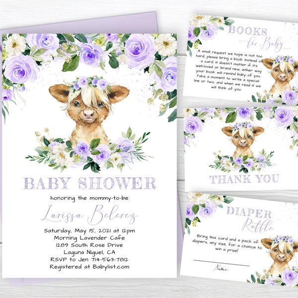 Lavender Floral Highland Cow Baby Shower Invitation, Baby Calf, Purple Flowers, Greenery, Farm Animals, Barnyard, Baby Girl Invite