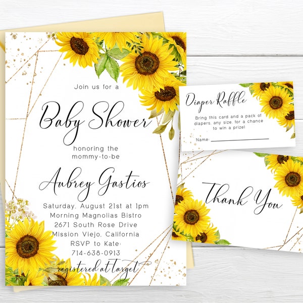 Sunflowers Baby Shower Invite Set, Gold Frame Sunflower Phone Evite, Yellow Floral, Baby Girl, Boho, Diaper Raffle Card, Thank You