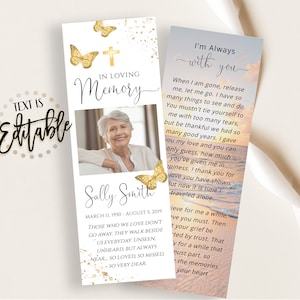 Modèle de signet funéraire papillon, coucher de soleil, océan, plage, marque-pages de célébration de la vie, cartes souvenir, carte commémorative pour le souvenir