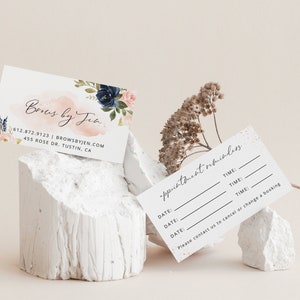 DIY Self Editable Appointment Reminder Card, DOWOLNA FIRMA, Różowa i granatowa akwarela kwiatowa, kobieca wizytówka, do druku, niestandardowa