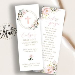 Floral First Communion Bookmark Template, Prayer Card, Girl, Pink Cross Gold Frame, Blush Pink, Keepsake, First Holy, Favors, Baptism