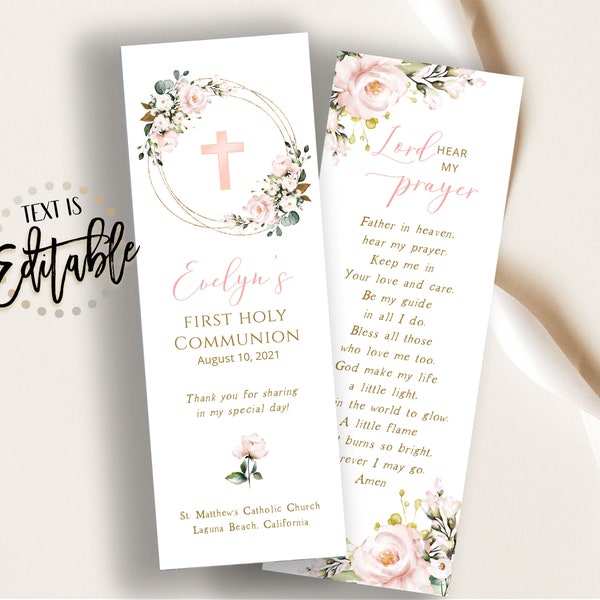 Floral First Communion Bookmark Template, Prayer Card, Girl, Pink Cross Gold Frame, Blush Pink, Keepsake, First Holy, Favors, Baptism